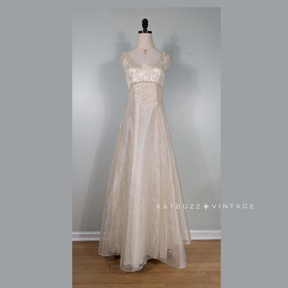 Vintage Zum Prom Dress Maxi Gown 8 Cream Gold Regency Empire Princess Bride 90s